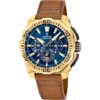 Reloj de hombre Festina Chrono Bike F20728/1 de acero inoxidable color dorado con esfera azul oscuro, cronógrafo y correa de piel marrón.
