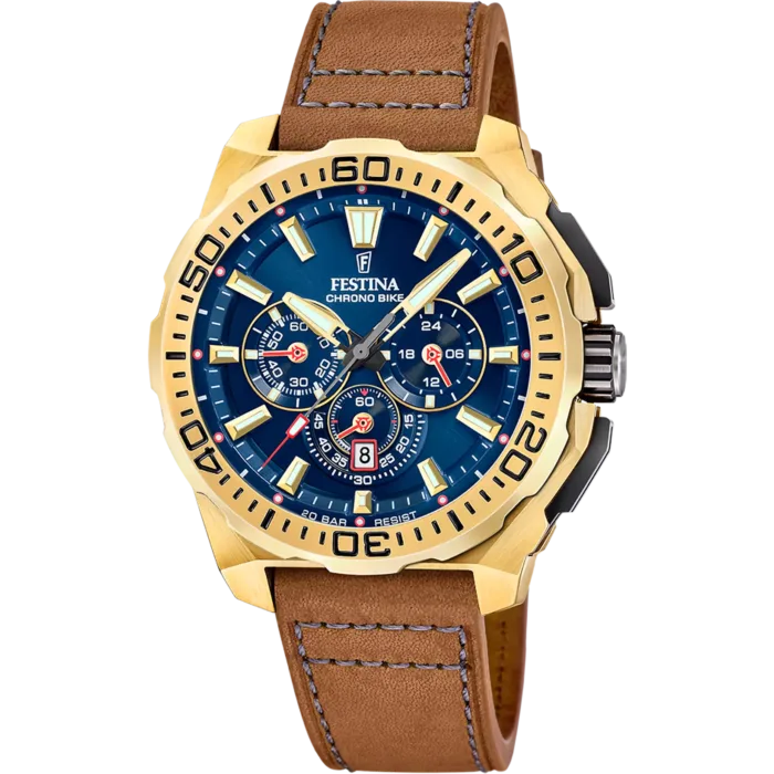 Reloj de hombre Festina Chrono Bike F20728/1 de acero inoxidable color dorado con esfera azul oscuro, cronógrafo y correa de piel marrón.