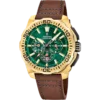 Reloj de hombre Festina Chrono Bike F20728/2 de acero inoxidable dorado con esfera color verde, funciones de cronógrafo y correa de piel marrón.