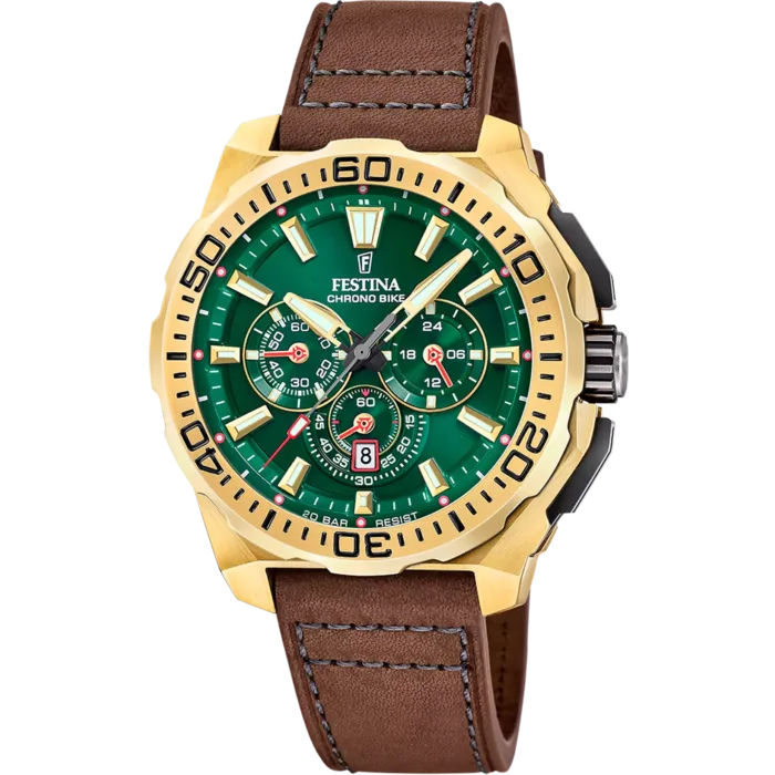 Reloj de hombre Festina Chrono Bike F20728/2 de acero inoxidable dorado con esfera color verde, funciones de cronógrafo y correa de piel marrón.