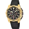 Reloj de hombre Festina Chrono Bike F20728/3 de acero inoxidable color dorado con esfera negra, funciones de cronógrafo y correa de piel negra.