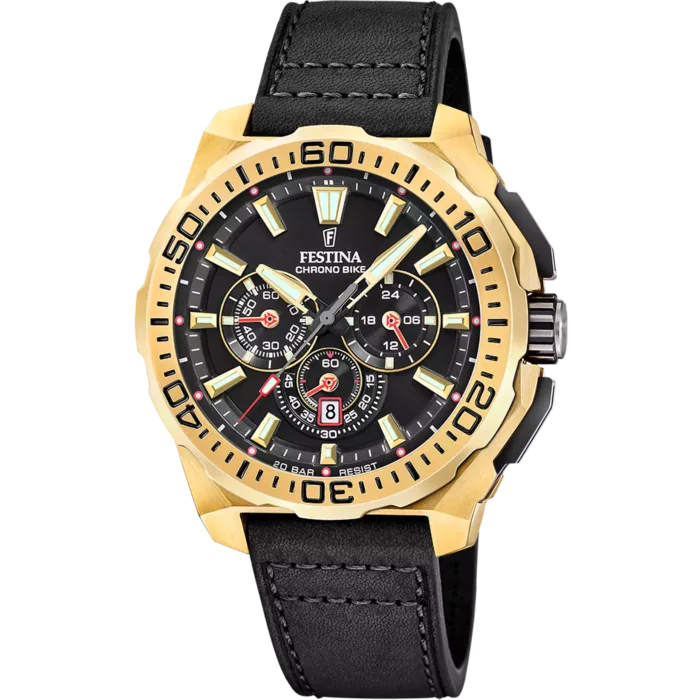 Reloj de hombre Festina Chrono Bike F20728/3 de acero inoxidable color dorado con esfera negra, funciones de cronógrafo y correa de piel negra.