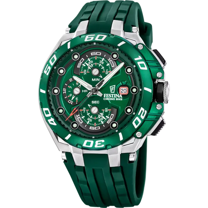 Reloj de hombre Festina Chrono Bike F20755/3 con esfera verde, cronógrafo, caja de acero inoxidable y correa de caucho verde deportivo.