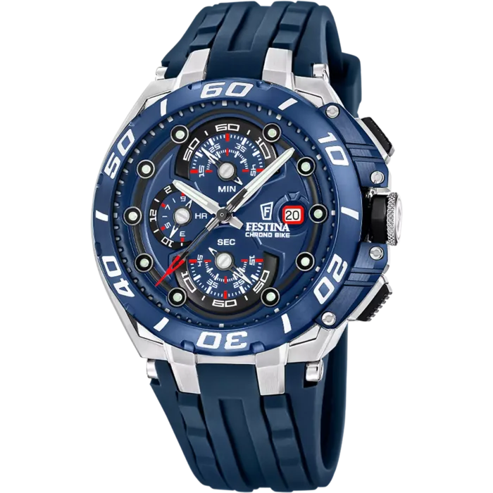 Reloj cronógrafo para hombre Festina Chrono Bike F20755/4 con esfera azul, bisel numerado azul, caja de acero y correa deportiva de caucho azul.
