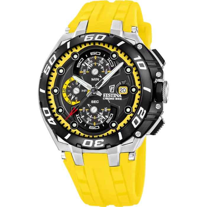 Reloj de hombre Festina Chrono Bike F20755/5 con esfera negra, detalles amarillos, caja de acero y correa de caucho amarillo, mostrado en f20755_5.webp.