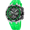Reloj de hombre Festina Chrono Bike F20755/6 visto de frente con esfera negra, detalles en verde lima, caja de acero inoxidable y correa deportiva de caucho verde.