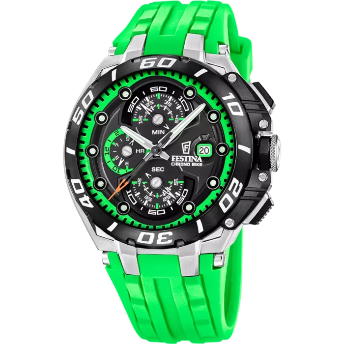 Reloj de hombre Festina Chrono Bike F20755/6 visto de frente con esfera negra, detalles en verde lima, caja de acero inoxidable y correa deportiva de caucho verde.