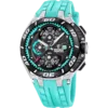Reloj de hombre Festina Chrono Bike F20755/7 visto de frente con esfera negra, detalles en color turquesa, caja de acero inoxidable y correa deportiva de caucho turquesa.