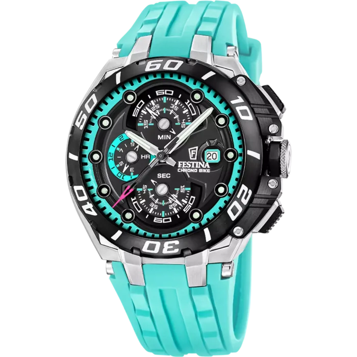 Reloj de hombre Festina Chrono Bike F20755/7 visto de frente con esfera negra, detalles en color turquesa, caja de acero inoxidable y correa deportiva de caucho turquesa.