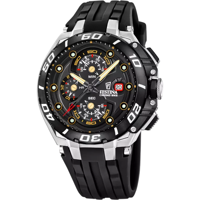 Reloj de hombre Festina Chrono Bike F20755/8 en plano frontal con esfera negra, detalles en tono oro cobrizo, caja de acero y correa deportiva de caucho negro.
