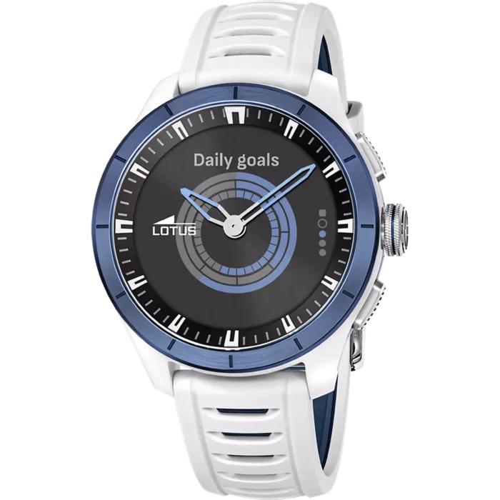 Reloj híbrido para hombre Lotus Connected 20001 con esfera gris, bisel azul y correa de silicona blanca.