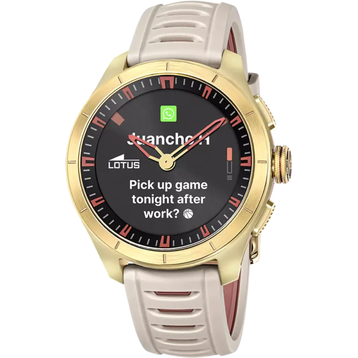 Reloj híbrido para hombre Lotus Connected 20001 con caja dorada, esfera gris y correa de silicona gris topo.
