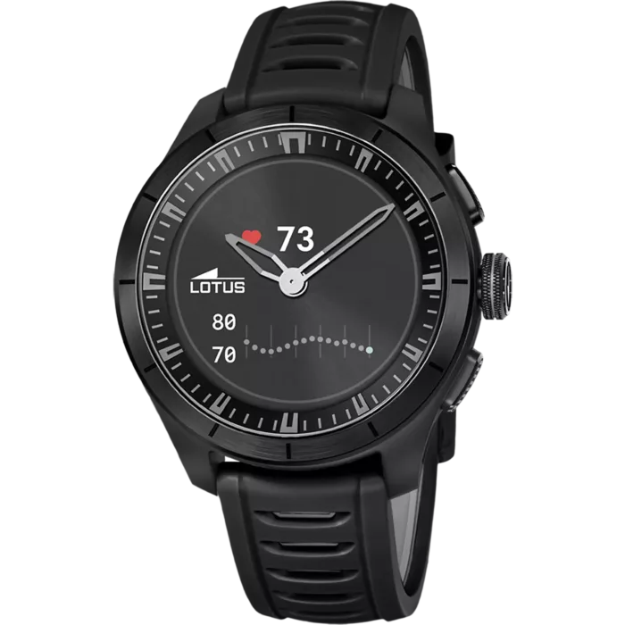 Reloj híbrido de hombre Lotus Connected 20001/4 en color negro mostrando el sensor de frecuencia cardíaca en la esfera.