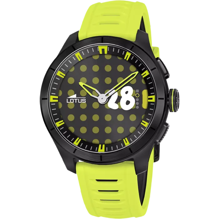 Reloj híbrido de hombre Lotus Connected 20001/5 en color verde lima y negro con esfera de puntos.