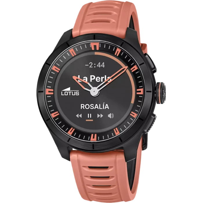 Reloj híbrido de hombre Lotus Connected 20001/6 en color negro y salmón con la pantalla de control de música activa.