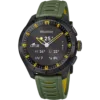 Reloj híbrido de hombre Lotus Connected 20001/7 en color verde caqui y amarillo mostrando el widget del tiempo en la esfera.