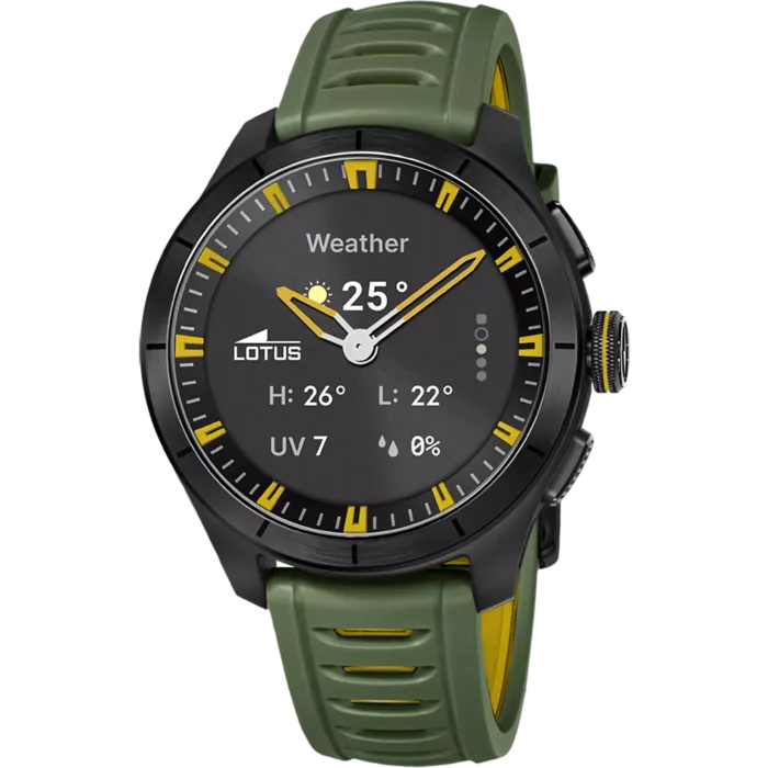 Reloj híbrido de hombre Lotus Connected 20001/7 en color verde caqui y amarillo mostrando el widget del tiempo en la esfera.