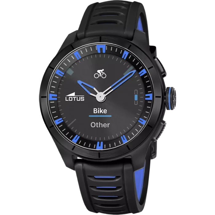 Reloj híbrido de hombre Lotus Connected 20001/8 en color negro y azul eléctrico con el modo de deporte de ciclismo activo.