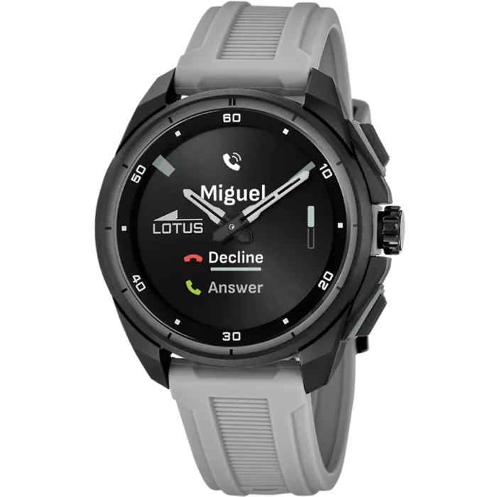 Reloj híbrido de hombre Lotus Connected 20002/1 en color negro y gris mostrando una alerta de llamada entrante en su esfera inteligente.