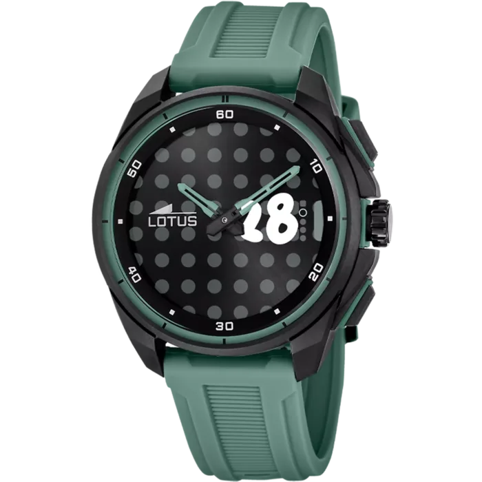 Reloj híbrido de hombre Lotus Connected 20002/3 en color negro y verde bosque mostrando la fecha en su pantalla digital.