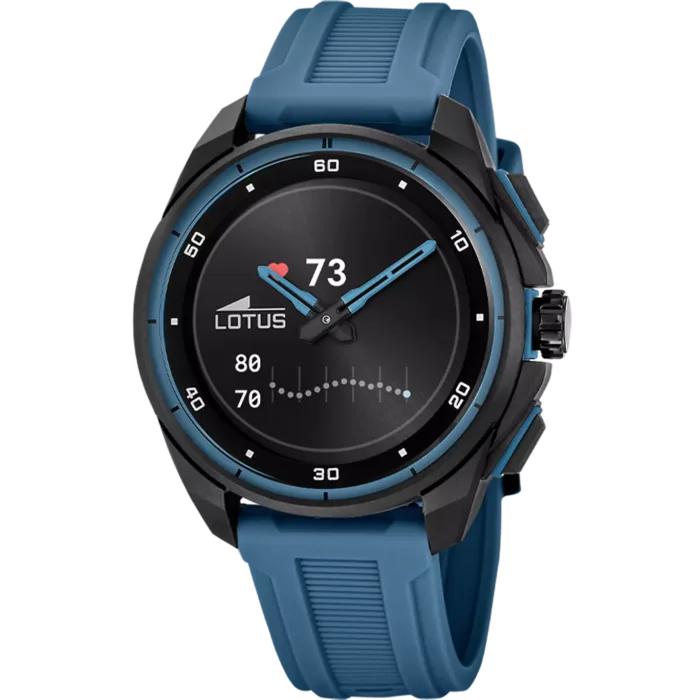 Reloj híbrido de hombre Lotus Connected 20002/4 en color negro y azul mostrando la gráfica de ritmo cardíaco en su esfera.