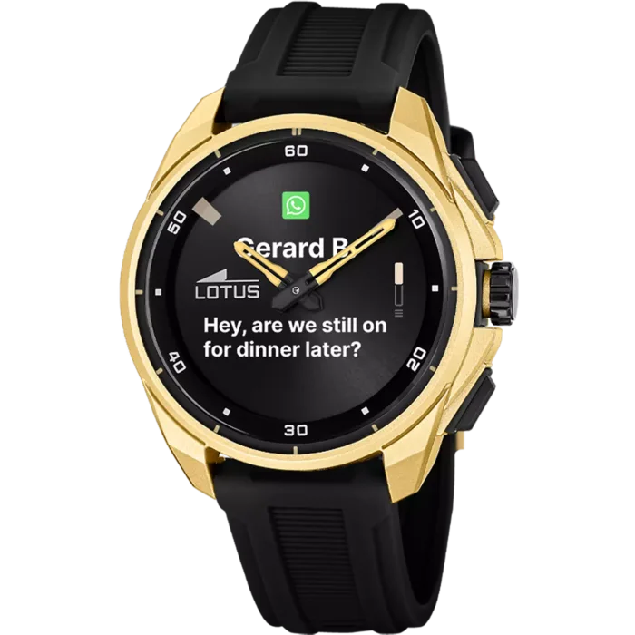 Reloj híbrido de hombre Lotus Connected 20002/5 con caja dorada y correa negra mostrando una notificación de WhatsApp en la pantalla.