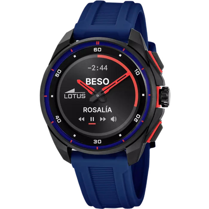 Reloj híbrido de hombre Lotus Connected 20002/6 en color negro y azul con agujas rojas mostrando el reproductor de música en su pantalla.