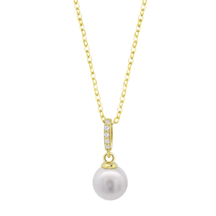 Collar Lotus Silver LP3478-1-2 de plata dorada con cadena fina y colgante de perla blanca y circonitas para mujer.