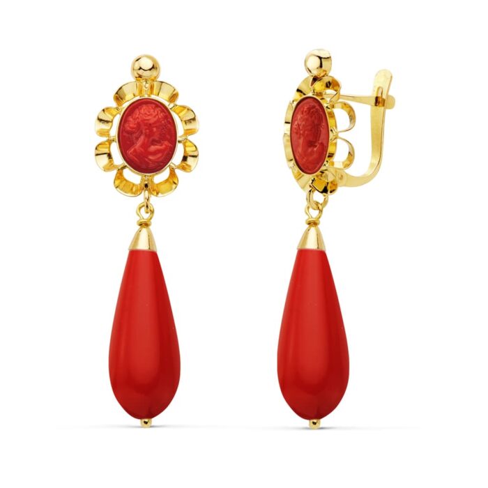 18K PENDIENTES CUBANAS ORO AMARILLO CORALINA CAMAFEO 38X10 MM CIERRE CATALÁN