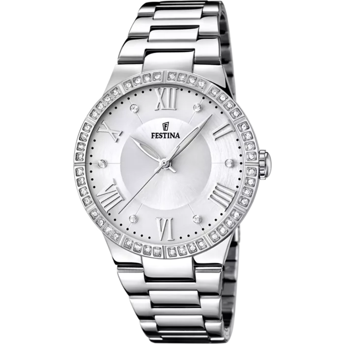 Reloj de pulsera Festina Boyfriend F16719/1 para mujer con brazalete de acero inoxidable, esfera blanca con números romanos y bisel ornamentado con circonitas.