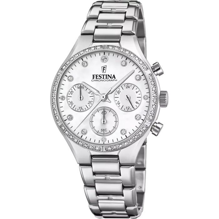 Reloj cronógrafo Festina Boyfriend F20401/1 para mujer con brazalete de acero inoxidable, esfera beige claro y bisel con brillantes circonitas.
