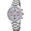 Reloj cronógrafo Festina Boyfriend F20401/3 para mujer con brazalete de acero inoxidable, esfera morada clara, bisel con circonitas y pulsadores oro rosa.