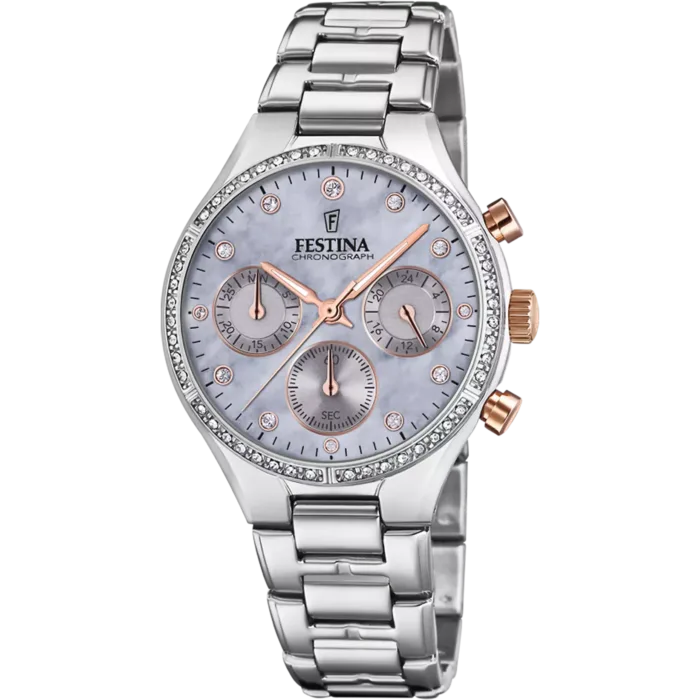 Reloj cronógrafo Festina Boyfriend F20401/3 para mujer con brazalete de acero inoxidable, esfera morada clara, bisel con circonitas y pulsadores oro rosa.