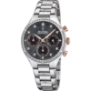 Reloj cronógrafo Festina Boyfriend F20401/4 para mujer con brazalete de acero inoxidable, esfera negra nacarada, bisel con circonitas y pulsadores en oro rosa.