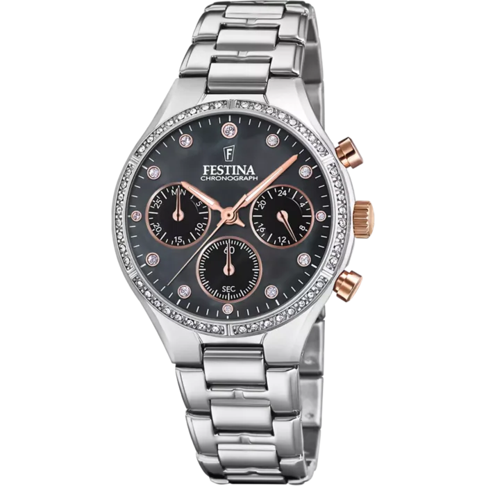 Reloj cronógrafo Festina Boyfriend F20401/4 para mujer con brazalete de acero inoxidable, esfera negra nacarada, bisel con circonitas y pulsadores en oro rosa.