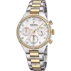 Reloj cronógrafo Festina Boyfriend F20402/1 para mujer con brazalete bicolor en plata y oro, esfera beige nacarada y bisel con brillantes circonitas.