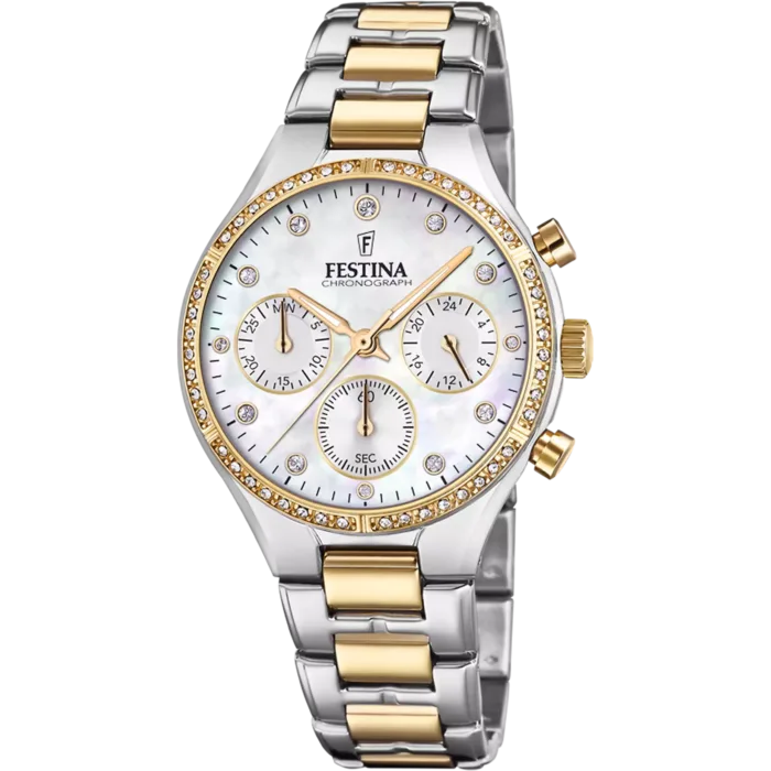 Reloj cronógrafo Festina Boyfriend F20402/1 para mujer con brazalete bicolor en plata y oro, esfera beige nacarada y bisel con brillantes circonitas.