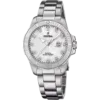 Reloj Festina Boyfriend F20503/1 de mujer en acero inoxidable, con esfera de nácar claro, índices de circonitas y ventana de calendario, sobre fondo blanco.