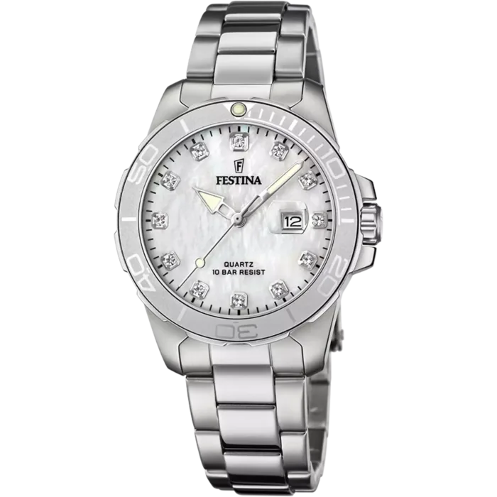 Reloj Festina Boyfriend F20503/1 de mujer en acero inoxidable, con esfera de nácar claro, índices de circonitas y ventana de calendario, sobre fondo blanco.
