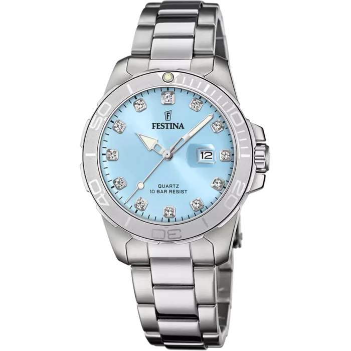 Reloj Festina Boyfriend F20503/5 para mujer con correa de acero inoxidable, esfera azul claro e índices de circonitas.