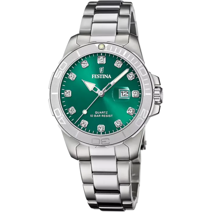 Reloj de pulsera Festina Boyfriend F20503/7 para mujer con brazalete de acero inoxidable, bisel deportivo y esfera verde con brillantes índices de circonitas.