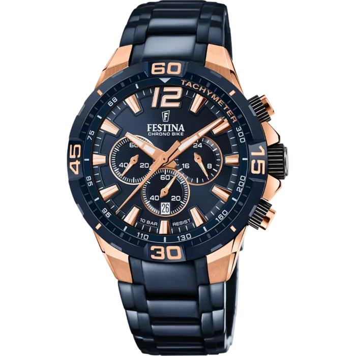 Reloj de hombre Festina Chrono Bike F20524/1 en acero azul marino con detalles en oro rosa.