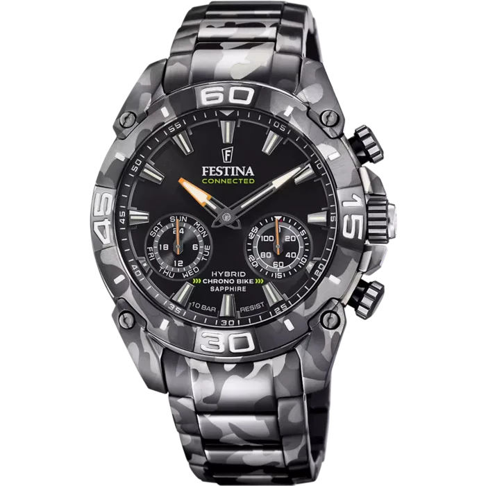 Reloj híbrido Festina Connected F20545/1 Edición Especial Chrono Bike para hombre con caja y brazalete de acero inoxidable 316L con patrón de camuflaje oscuro y esfera negra.