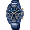 Reloj híbrido Festina Connected F20547/2 para hombre con caja y brazalete de acero inoxidable 316L azul, bisel azul con detalles dorados y esfera azul con agujas en oro.