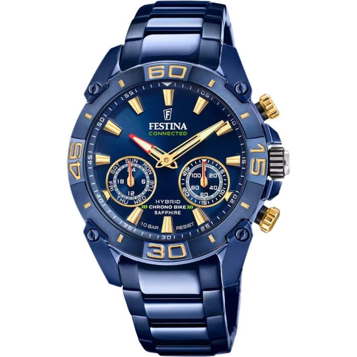 Reloj híbrido Festina Connected F20547/2 para hombre con caja y brazalete de acero inoxidable 316L azul, bisel azul con detalles dorados y esfera azul con agujas en oro.
