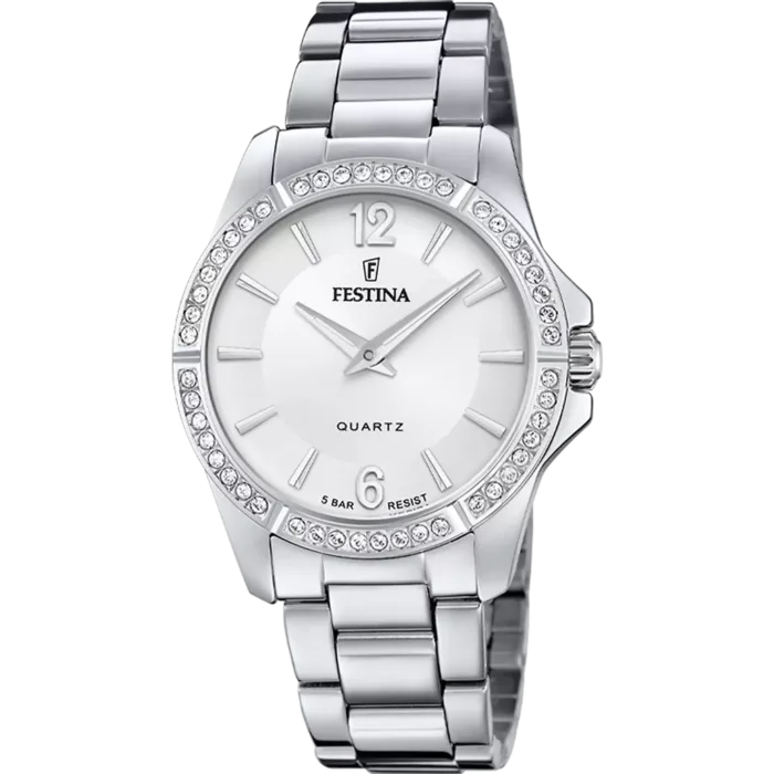 Reloj de pulsera Festina Mademoiselle F20593/1 para mujer con brazalete de acero inoxidable, esfera plateada y bisel decorado con brillantes circonitas.