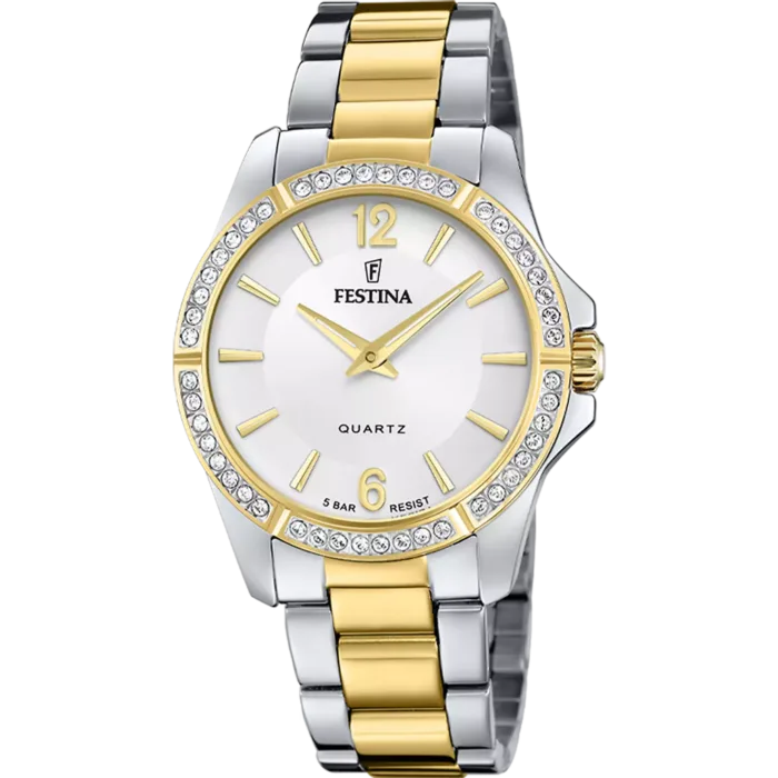 Reloj de pulsera Festina Mademoiselle F20594/1 para mujer con brazalete bicolor plateado y dorado, esfera plateada y bisel con brillantes circonitas.
