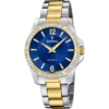 Reloj de pulsera Festina Mademoiselle F20594/2 para mujer con brazalete bicolor en plata y oro, esfera azul real y bisel decorado con circonitas.