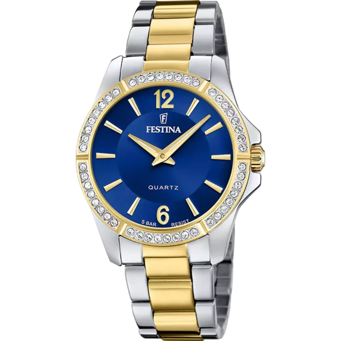 Reloj de pulsera Festina Mademoiselle F20594/2 para mujer con brazalete bicolor en plata y oro, esfera azul real y bisel decorado con circonitas.