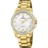 Reloj de pulsera Festina Mademoiselle F20596/1 para mujer con brazalete de acero dorado, esfera plateada y bisel decorado con brillantes circonitas.
